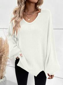 SHEIN LUNE 素色落肩袖下擺開叉套頭毛衣 - 白色 - 查看 5