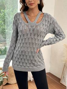 SHEIN LUNE Cắt ra Thả vai Áo len - Xám - Xem 4