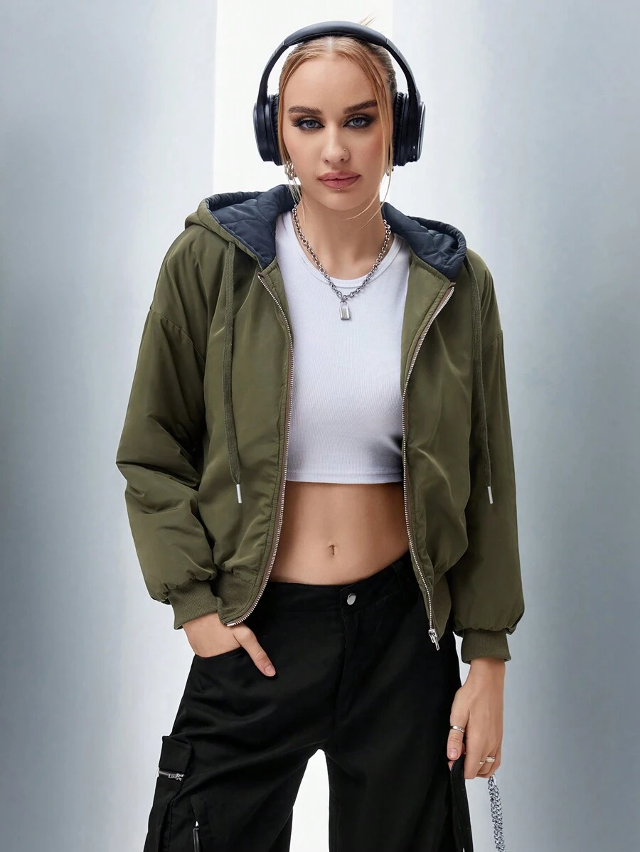 SHEIN Unity Zip Up Drawstring Hooded 2 In 1 Crop Padded Padded Coat Clothes Winter Fall Cloth For Women - Army Green - View 1