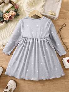 SHEIN Young Girl Heart Print Lettuce Trim Dress - Grey - View 2