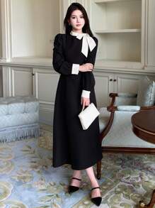 DAZY Homecoming Contrast Color Ruffle Collar Midi Dress For Women, Birthday ,New Year Eve Prom Dress,Fall Clothes,Back To School Clothes Long Sleeve Dress Elegant Women Dresses - Black - View 4