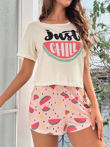 Watermelon & Letter Graphic Tee & Shorts PJ Set - Multicolor - View 6