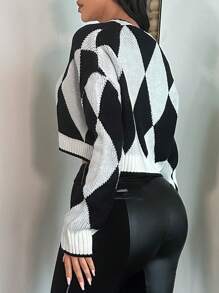 SHEIN SXY Argyle Pattern Drop Shoulder Crop Cardigan - Black and White - View 2