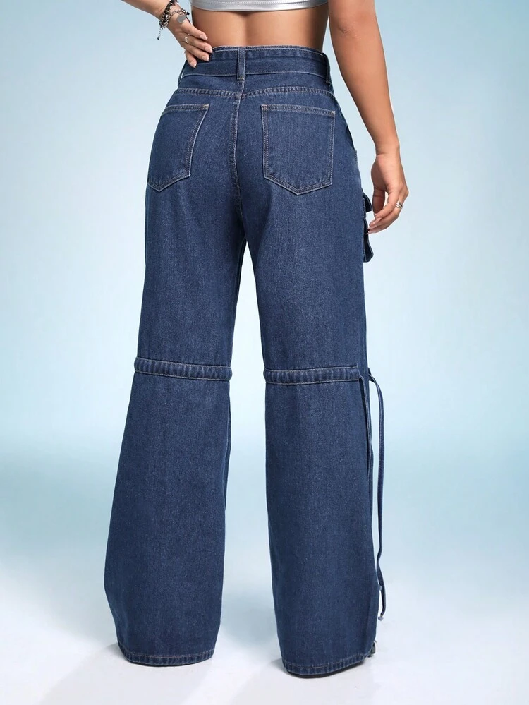 Flap Pocket Belted Wide Leg Jeans