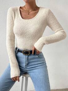 SHEIN Essnce Solid Scoop Neck Fuzzy Knit Sweater - White - View 7