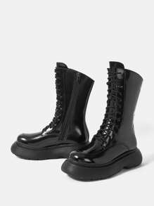 SheIn SXY 女性時尚秋天&冬天繫帶休閒摩托車靴子適用於戶外穿戴 - 黑色 - 查看 7