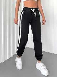 RueChic Contrast Side Seam Flap Pocket Side Drawstring Waist Sweatpants - Black - View 4