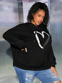 SHEIN CURVE+ Áo nỉ tay rớt vai in hình trái tim cỡ lớn - màu đen - Xem 5