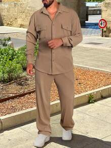 Manfinity Homme Áo sơ mi và quần có túi nắp cho nam - Màu Khaki - Xem 1