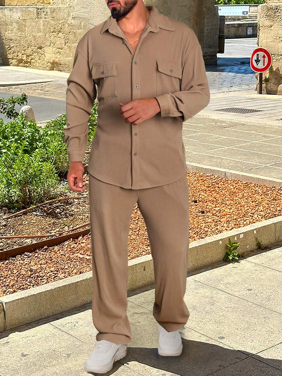 Manfinity Homme Áo sơ mi và quần có túi nắp cho nam - Màu Khaki - Xem 1