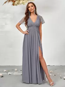 SHEIN Belle 撞色蕾絲開衩大腿雪紡伴娘禮服 - 灰色 - 查看 7