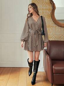 Poéselle 滿版印花燈籠袖腰帶百褶下擺洋裝