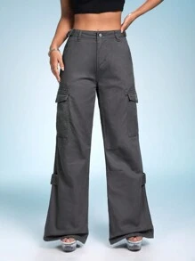 SHEIN ICON 側翻蓋口袋高腰牛仔褲 - 灰色 - 查看 3