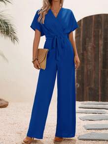 SHEIN Clasi Solid Belted Wide Leg Wrap Detail Jumpsuit - Royal Blue - View 1