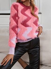 SHEIN Unity Chevron Pattern Fuzzy Knit Sweater - Pink - View 5