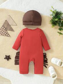 SHEIN 男嬰卡通刺繡流蘇邊連身褲和帽