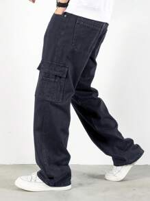 Manfinity Hypemode Men Letter Embroidery Flap Pocket Side Cargo Jeans - Grey - View 6