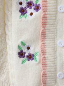 女孩嬰兒花卉刺繡撞色滾邊麻花編織連身背心 - 杏色 - 查看 5