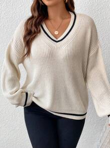 SHEIN Frenchy Plus Striped Trim Drop Shoulder Cricket Sweater, For Winter - Apricot - View 3