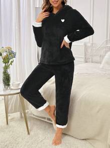 愛心刺繡拼接邊連帽法蘭絨睡衣套裝 - 黑色 - 查看 2