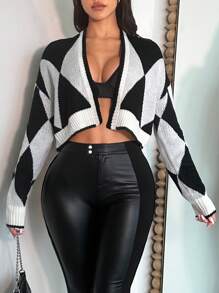 SHEIN SXY Argyle Pattern Drop Shoulder Crop Cardigan - Black and White - View 4