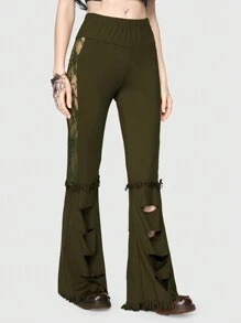 ROMWE Fairycore Quần ống loe cắt ren tương phản - màu xanh lá - Xem 6