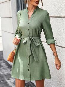 SHEIN LUNE 捲邊袖腰帶襯衫連衣裙 - 綠色 - 查看 1