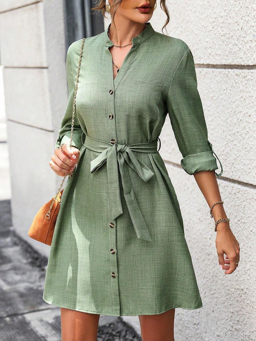 SHEIN LUNE 捲邊袖腰帶襯衫連衣裙 - 綠色 - 查看 1