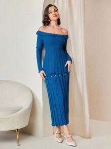 Modelyn Ladies' Open Shoulder Pleated Hem Sweater Dress - Blue - View 4