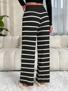 SHEIN LUNE Striped Pattern Wide Leg Knit Pants - Black - View 2