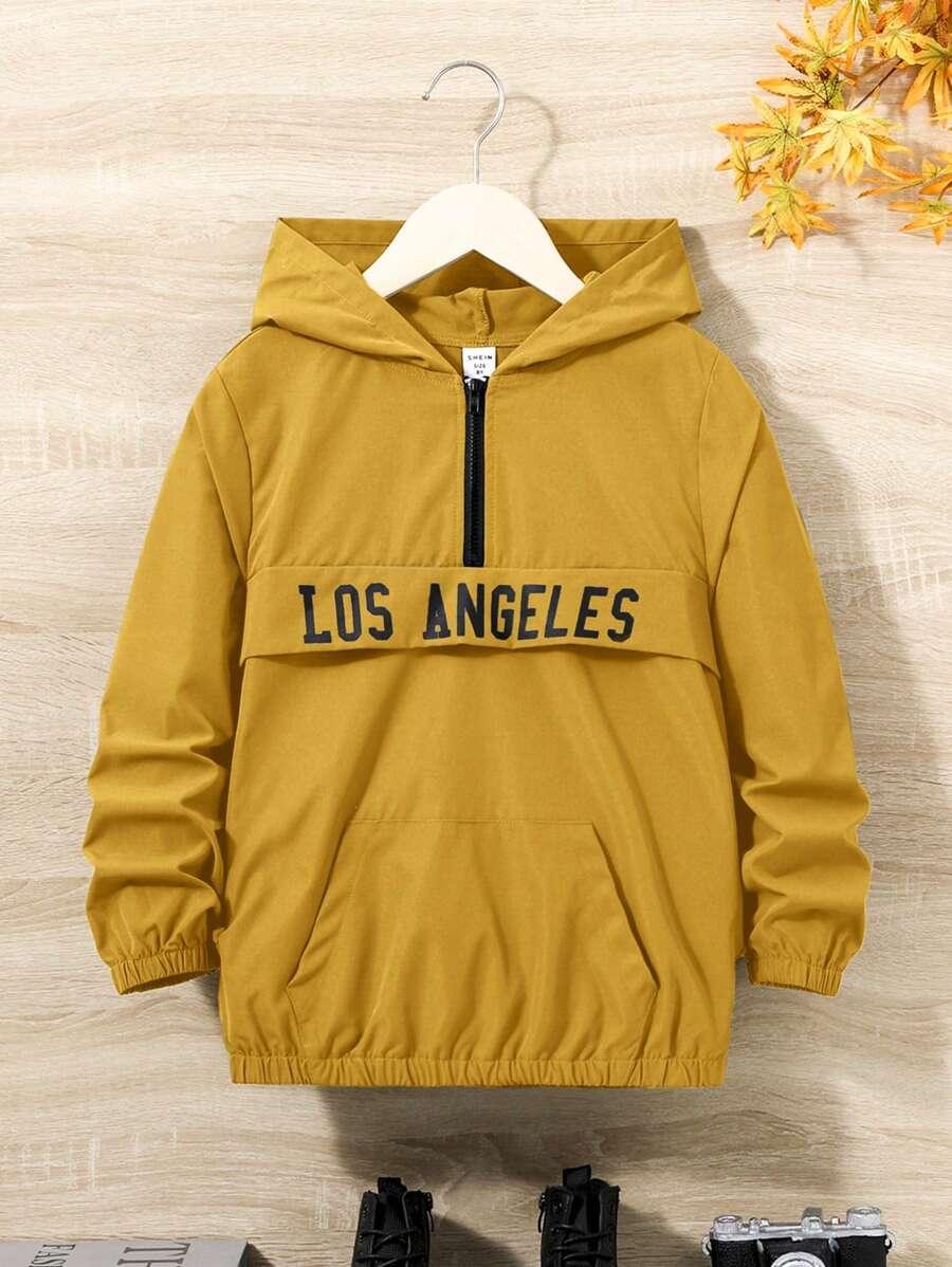 SHEIN Tween Boy Letter Graphic Half Zip Hooded Jacket,In Fall/Winter - Yellow - View 1