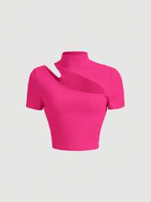 SHEIN MOD 小高領前鏤空T恤 - 玫紅色 - 查看 2