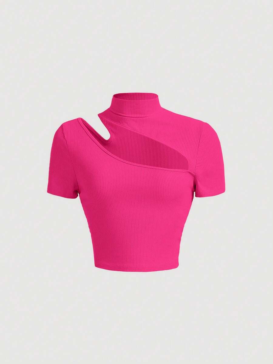 SHEIN MOD 小高領前鏤空T恤