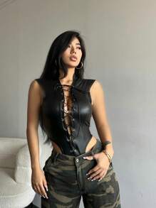 VaVaBold Lace Up Front PU Leather Bodysuit - Black - View 3