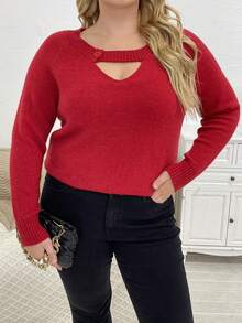 SHEIN Unity Hơn Cắt ra Tay Raglan Áo len - Đỏ - Xem 7