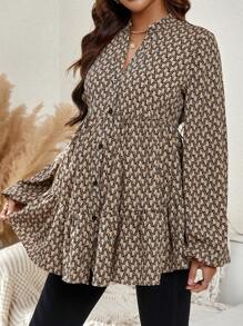 SHEIN 孕婦滿版印花燈籠袖荷葉邊襯衫 - 黑色 - 查看 5