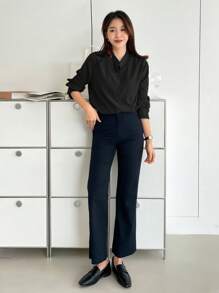 DAZY 纯色纽扣前襟衬衫、长袖上衣 - 黑色 - 查看 3