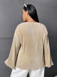 SHEIN EZwear 大碼前繫帶木耳邊喇叭袖襯衫 - 杏色 - 查看 2