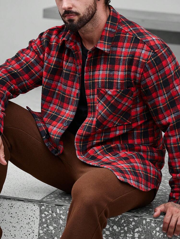 Loose Fit Plaid Print Pocketed Overcoat For Men