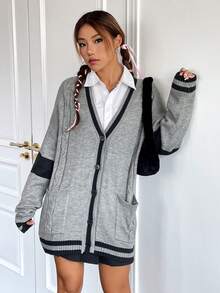 SHEIN Qutie Sọc trang trí Túi Kép Thả vai Xoắn Dan Tương phản ràng buộc Áo len Mở - Xám - Xem 6