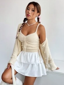 SHEIN EZwear 前抽繩針織吊帶上衣和開衫 - 杏色 - 查看 1