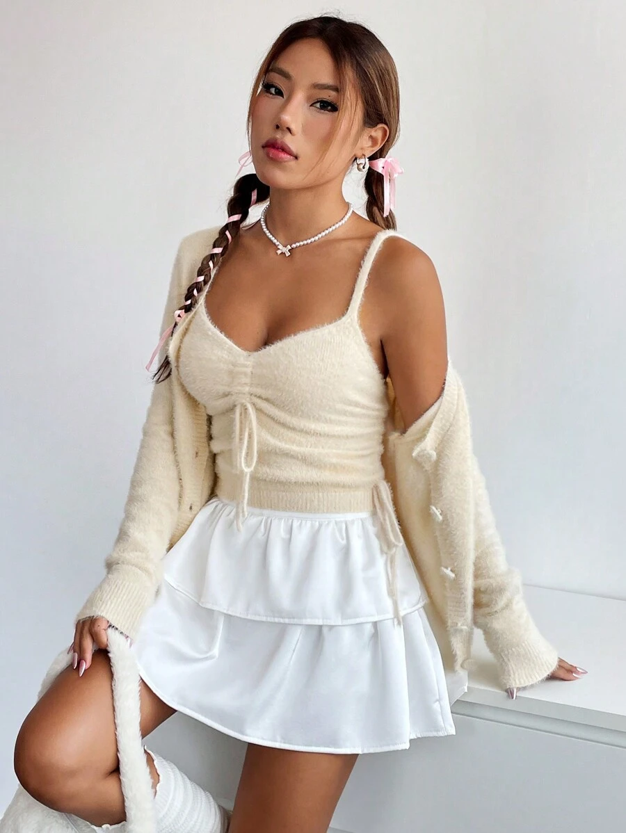SHEIN EZwear 前抽繩針織吊帶上衣和開衫 - 杏色 - 查看 1