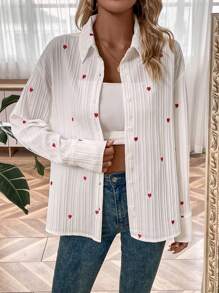 SHEIN VCAY 愛心圖案前紐扣襯衫 - 白色 - 查看 5