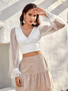 SHEIN VCAY Contrast Lace Flare Sleeve Crop Top
