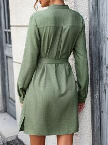 SHEIN LUNE 捲邊袖腰帶襯衫連衣裙 - 綠色 - 查看 2