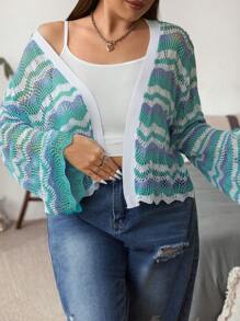 Flirla Plus Allover Chevron Pattern Scallop Trim Cardigan