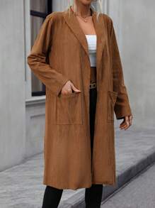SHEIN LUNE Dual Pocket Open Front Coat Fall Cloth For Women - Brown - View 5