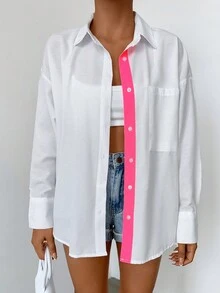 SHEIN Cottnline Của phụ nữ Gầy Trắng Áo sơ mi Với Cổ áo sơ mi Và Nút đơn Khép kín , Giải trí Và Linh hoạt Dài tay Phong cách , Gầy Chất vải - trắng - Xem 5