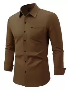 Manfinity 男士皇冠圖案補丁貼口袋襯衫 - 咖啡棕 - 查看 1