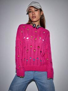 SHEIN Unity Open Knit Drop Shoulder Sweater Knit Pullover Fall Winter Outfit - Hot Pink - View 4
